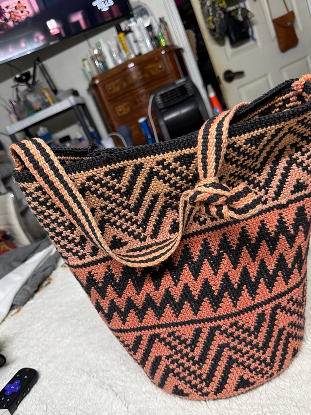 Handwoven Black and Coral Geometric Bucket Bag